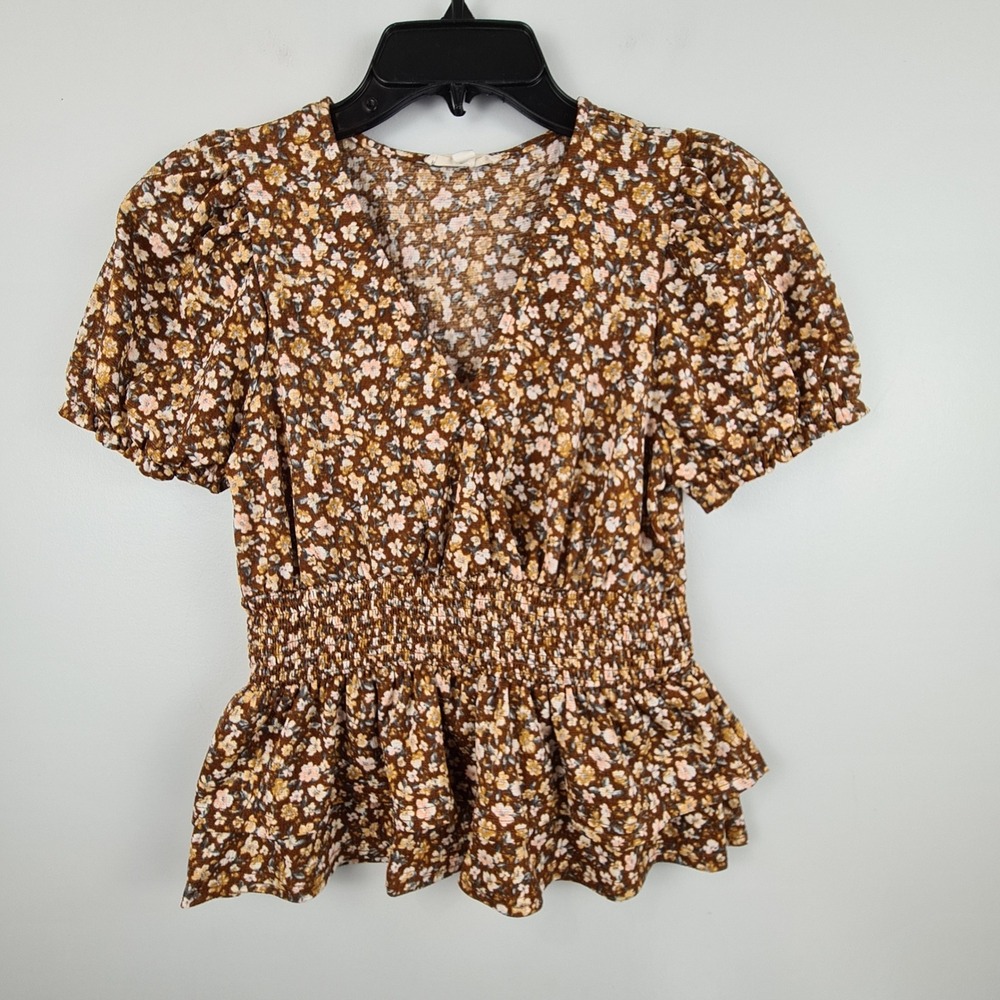MINE Brown Floral Smocked Peplum Top Short Puff Sleeve V-Neck Small Boho Prarie